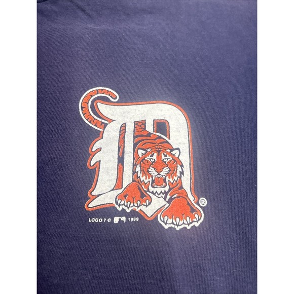 Vintage 90s Logo 7 Detroit Tigers MLB Navy Blue Graphic T-Shirt Youth Size Large - Picture 3 of 8